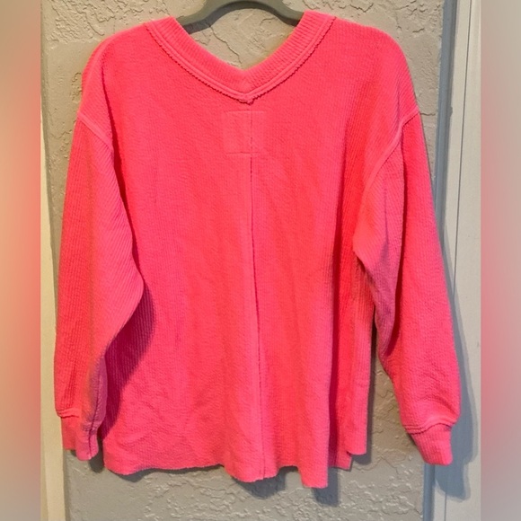 Aerie Neon Pink V-Neck Ribbed Pullover - Picture 4 of 10